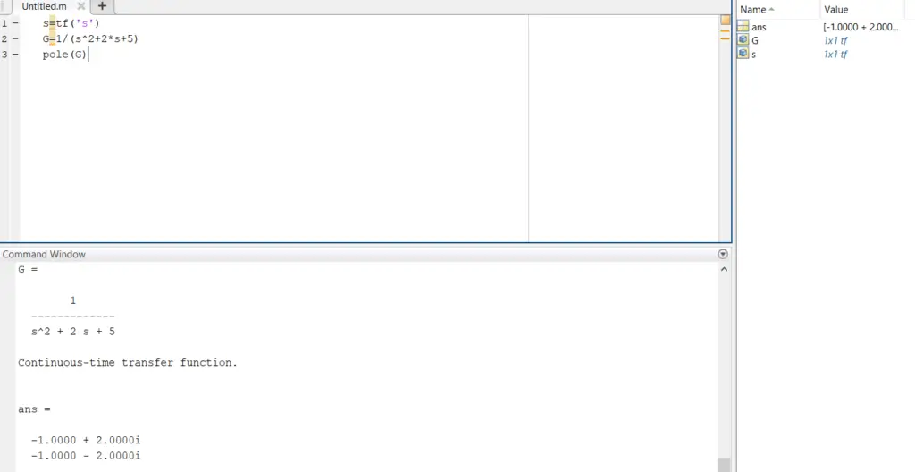 In order to create transfer functions in Matlab, Open the MATLAB command window, type the command to assign the numerator and denominator coefficient vectors of the transfer function you need to obtain.