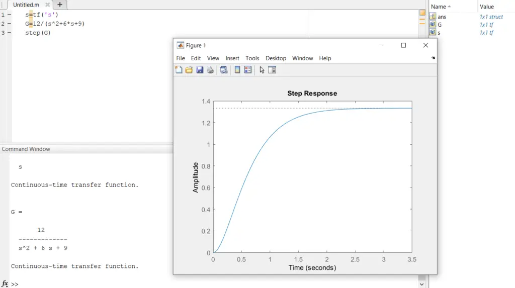 In order to create transfer functions in Matlab, Open the MATLAB command window, type the command to assign the numerator and denominator coefficient vectors of the transfer function you need to obtain.