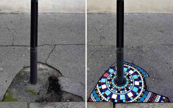 Ememem: A Mosaic Artist, uses Vibrant Mosaics to Repair Cracked Sidewalks and Potholes on the Roads