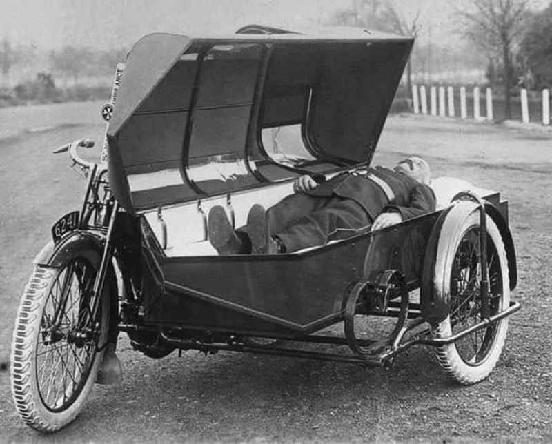 A coffin-shaped Sidecar Ambulance used by St John in the Early days