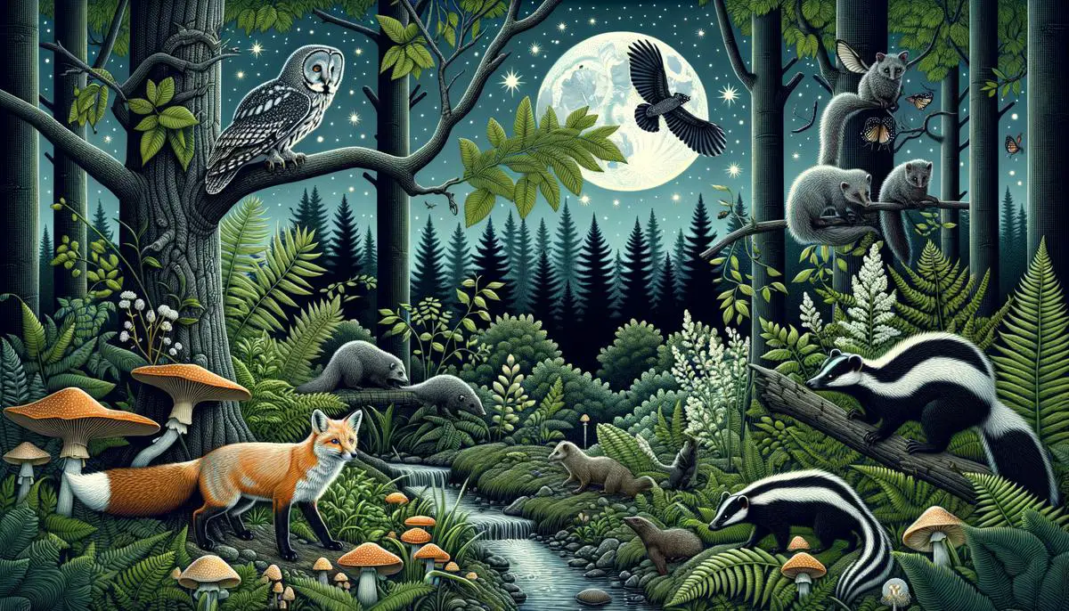 Illustration depicting various nocturnal animals in their natural habitat