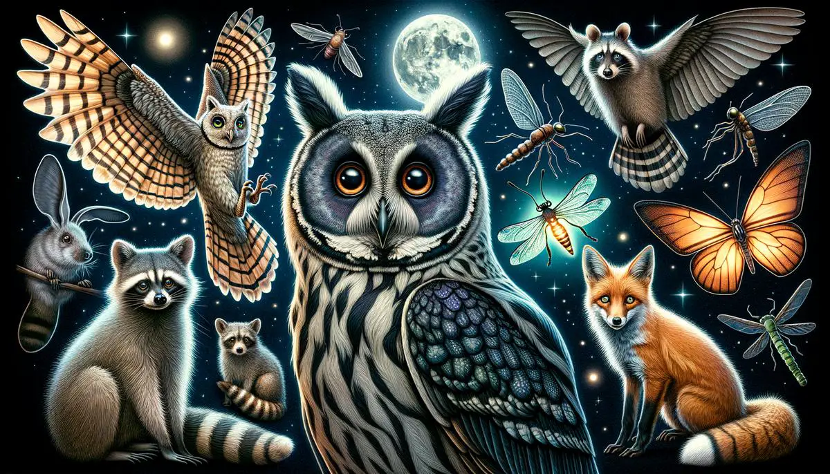 Illustration of various nocturnal animals illustrating their physiological adaptations for night-time activity