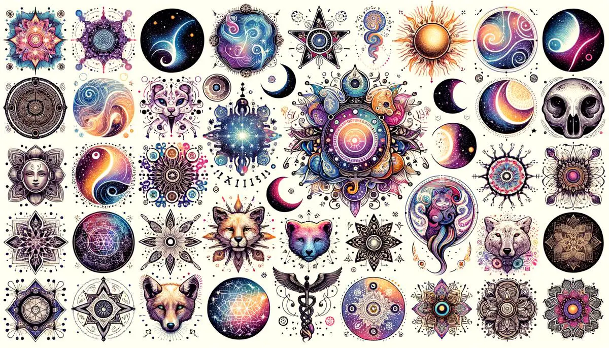 An image of various aura tattoo designs featuring cosmic constellations, celestial phases, spiritual symbols, animal totems, free-flowing abstracts, personal mandalas, and quotes with a twist
