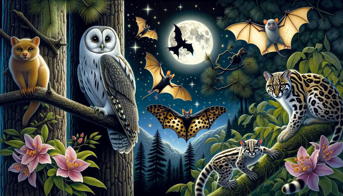 Image of various nocturnal animals like owls, bats, and ocelots in their natural habitats