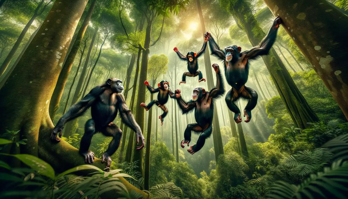 A family of chimpanzees swinging through the trees in their natural habitat