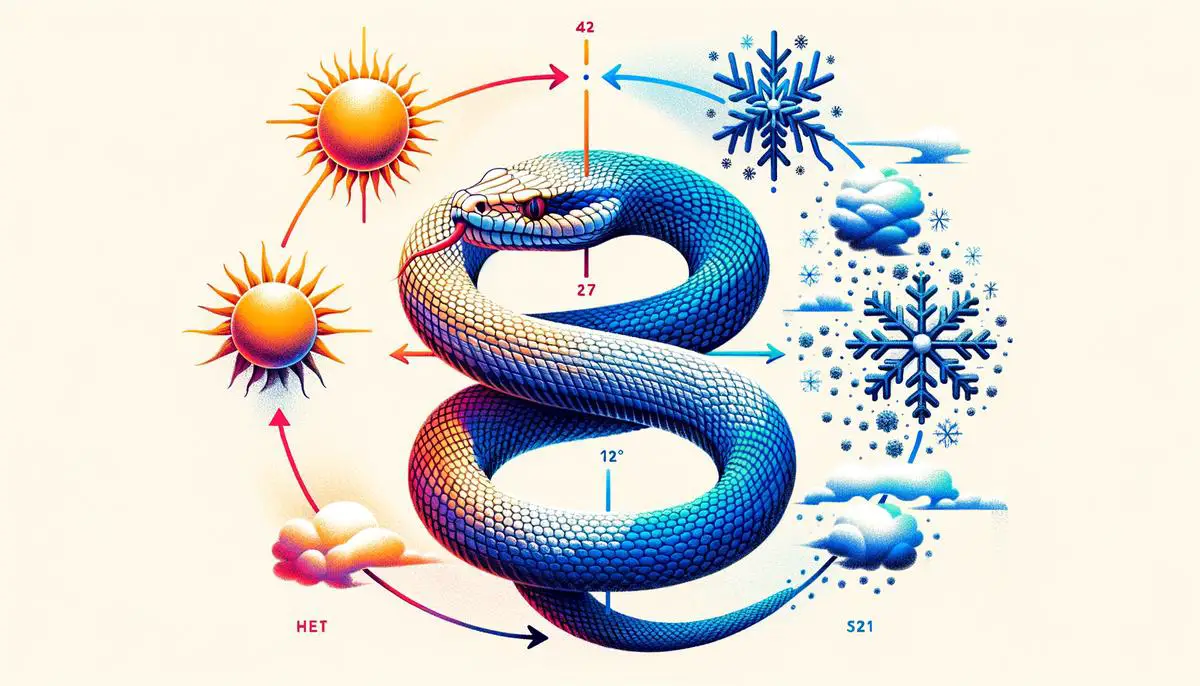 An abstract image representing the environmental dependency of cold-blooded animals like snakes on temperature fluctuations