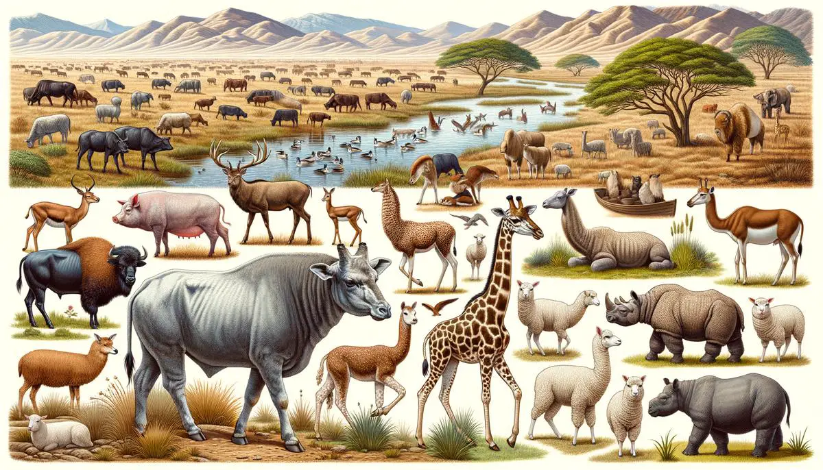 A realistic image of various cloven-footed animals in their natural habitats