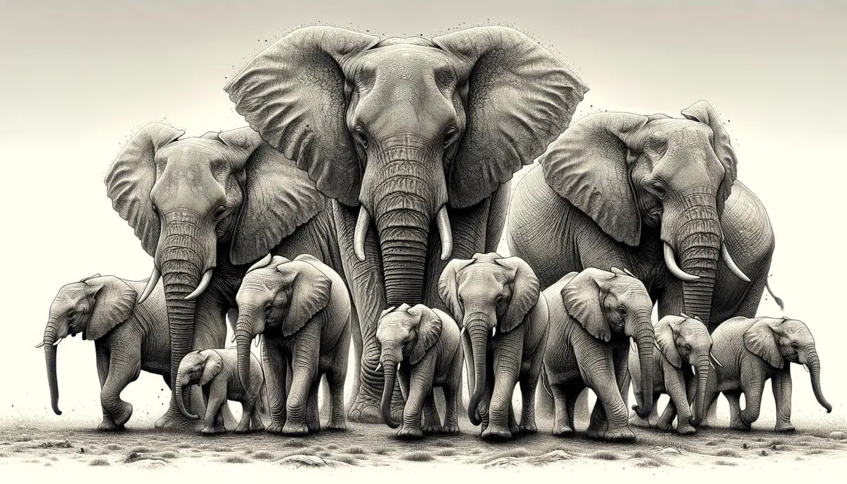 An image of a family of elephants walking together in the wild, emphasizing their strong social bonds and intelligence.