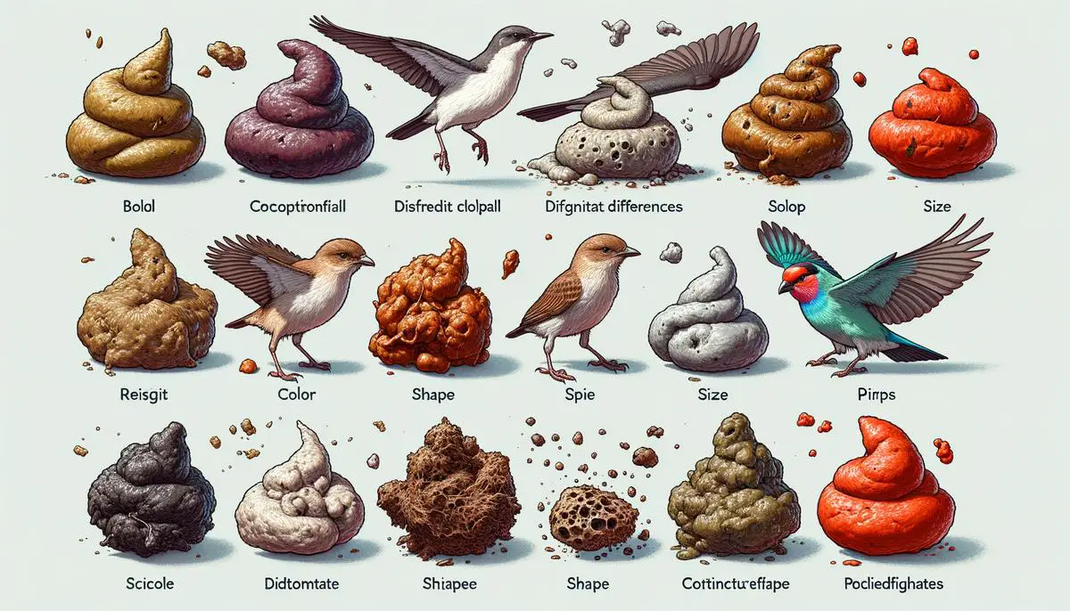 A realistic image showing different types of bird droppings on various surfaces in a natural outdoor setting