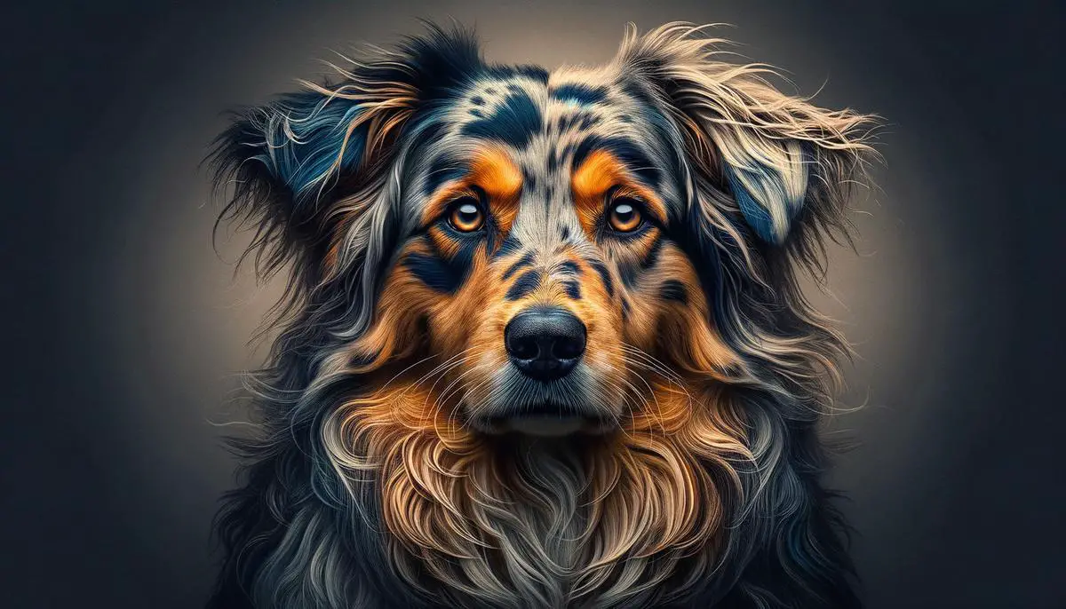 A realistic image of an Australian Shepherd Queensland Heeler mix dog with a striking coat pattern, showcasing a blend of colors and unique features