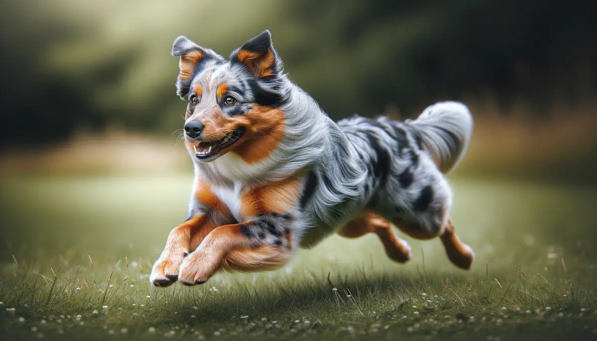 A realistic image of an Australian Shepherd Queensland Heeler mix dog running in a field