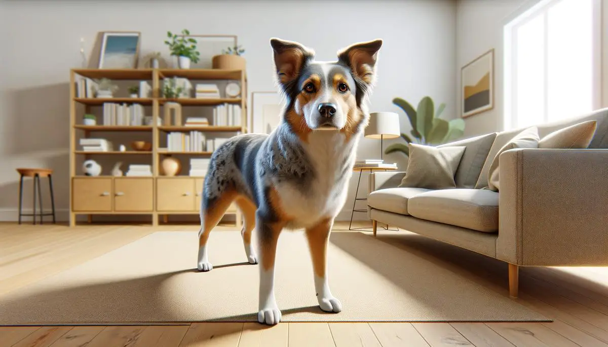 A realistic image of an Australian Shepherd Queensland Heeler Mix dog standing alert and watchful in a family setting