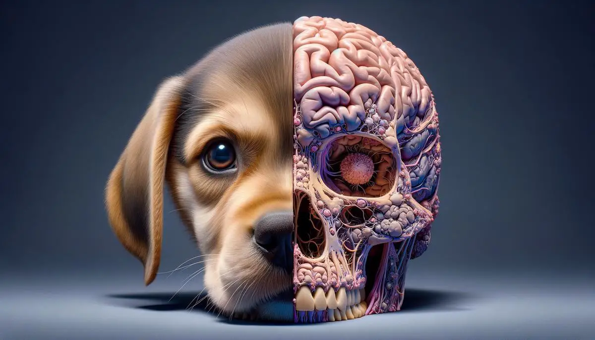 An illustration showing a comparison between a dog's brain and a human brain, highlighting the differences in size and complexity