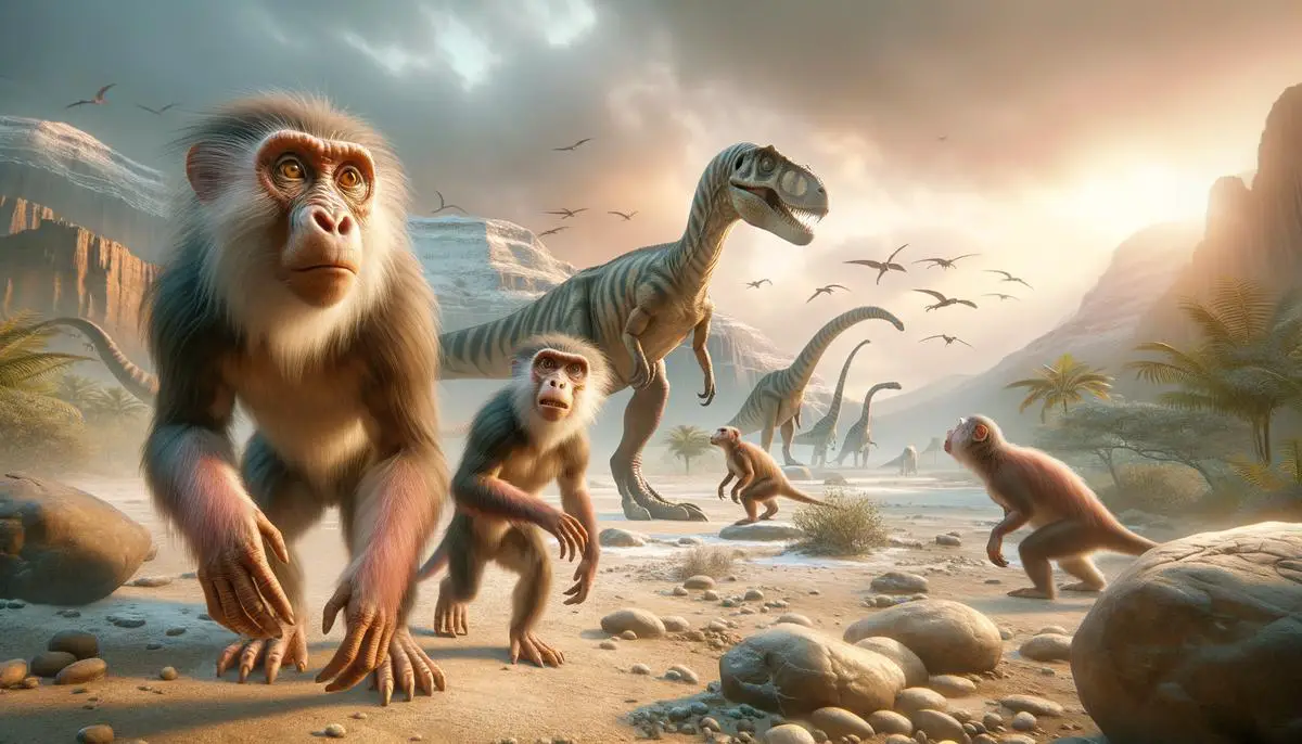 Illustration of early mammals and dinosaurs coexisting on Earth