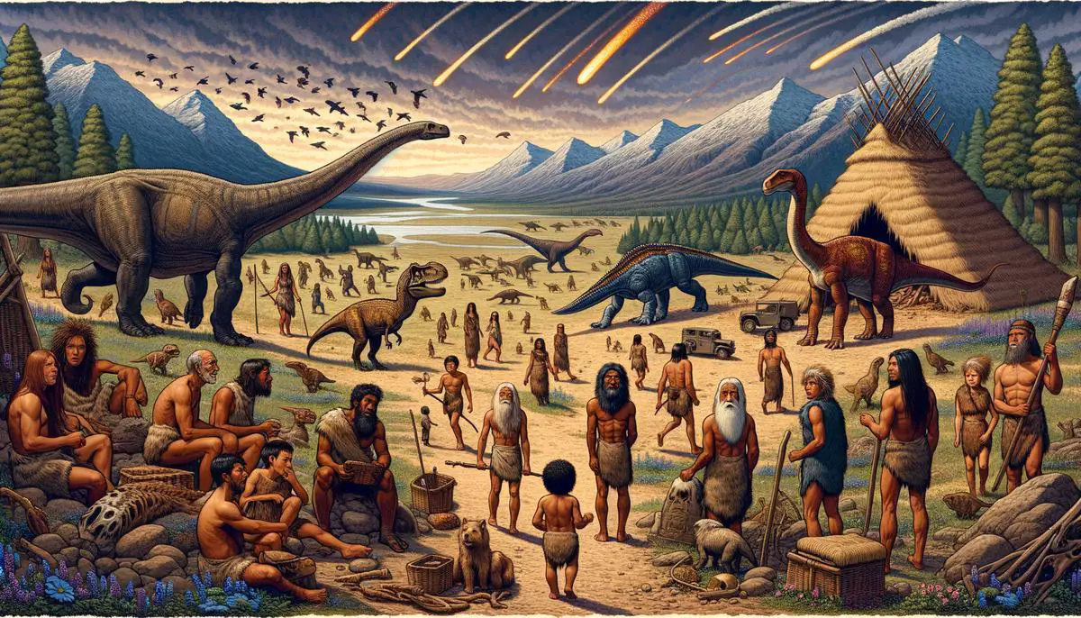 Illustration of humans and dinosaurs coexisting in prehistoric times