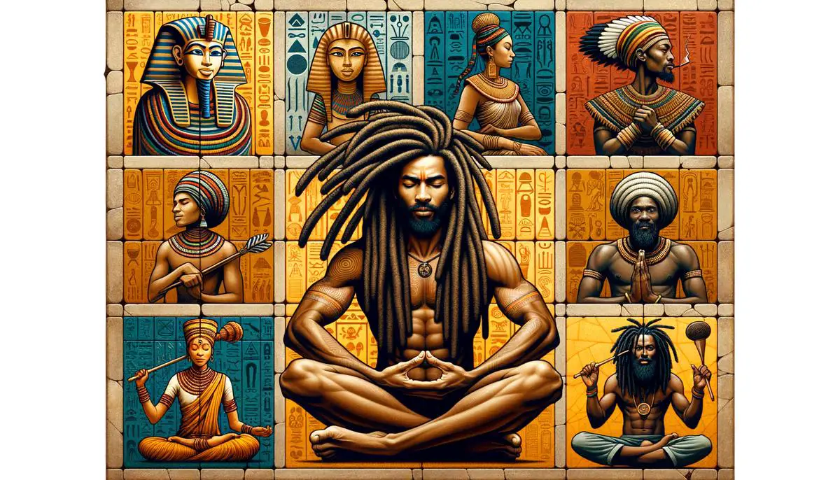 Various cultural symbols of dreadlocks - Egyptian, Indian, African, and Rastafarian