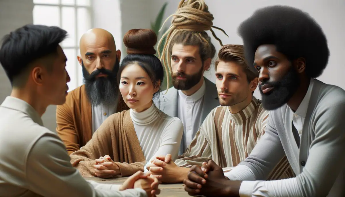 A realistic image showing a diverse group of people with different ethnicities and hair types, some with dreadlocks and some without, engaged in a respectful conversation.