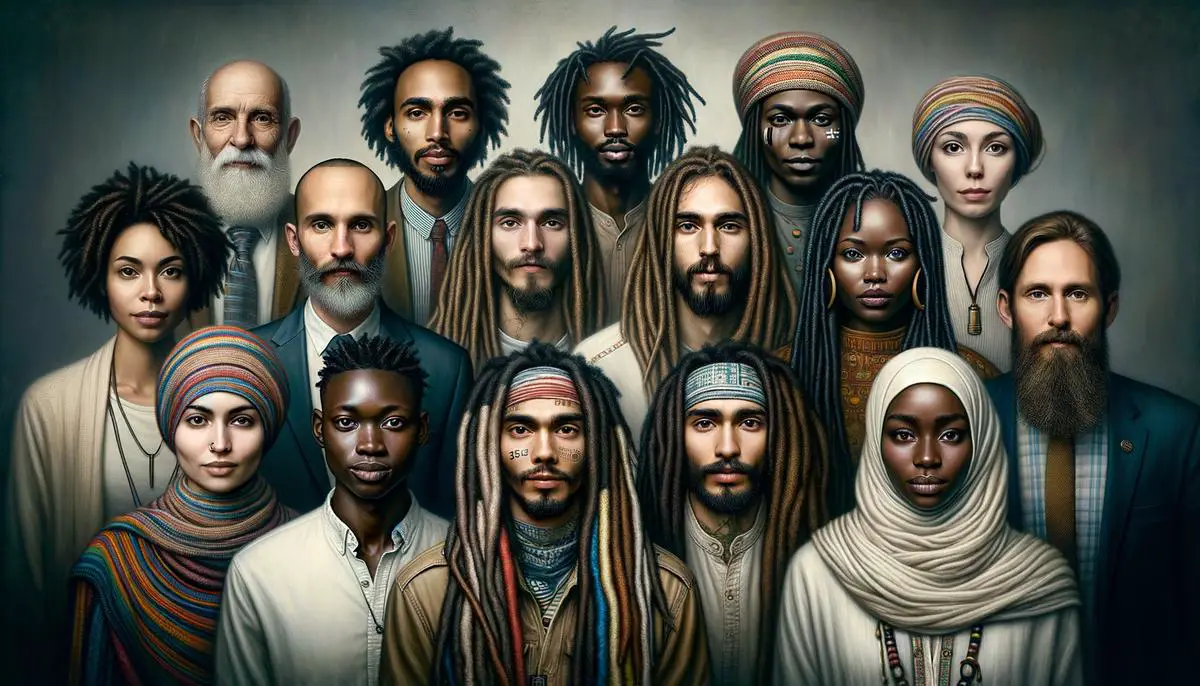 A diverse group of individuals with dreadlocks of different lengths and styles, representing various racial backgrounds
