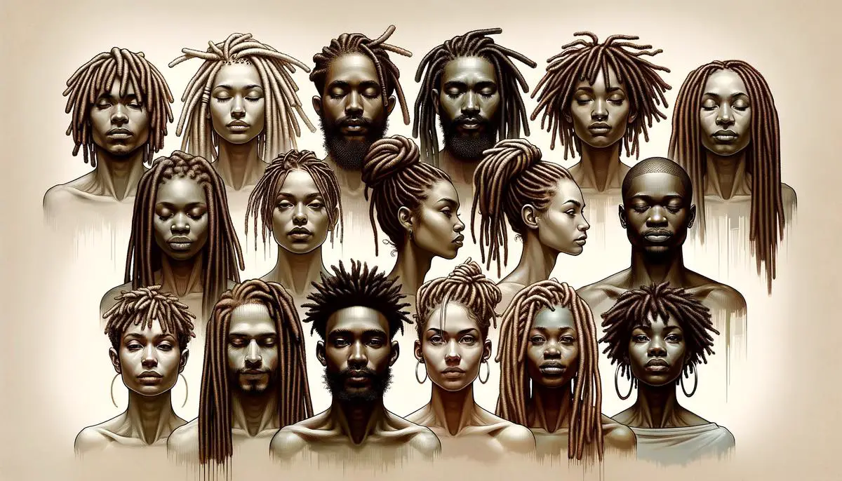 A realistic image depicting a diverse group of people with dreadlocks, showcasing the cultural, spiritual, and political significance of dreadlocks in black communities.