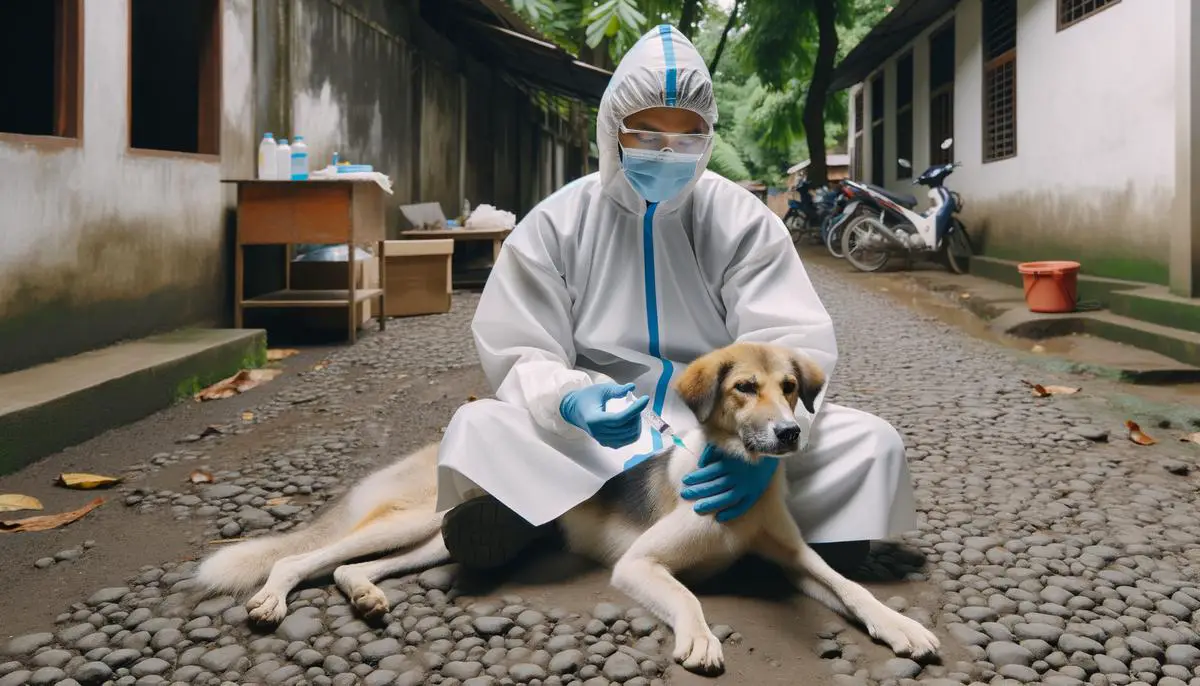 Photo of a veterinarian or animal control worker vaccinating a stray dog against rabies