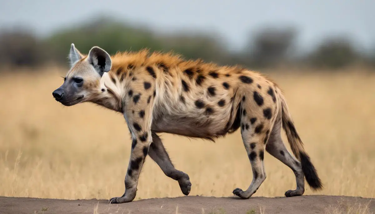 A spotted hyena showcasing its unique physical characteristics, such as its sloped back and robust forequarters