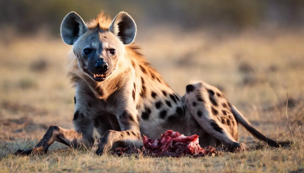 A spotted hyena feeding on a carcass, showcasing its powerful jaws and role as both a hunter and scavenger