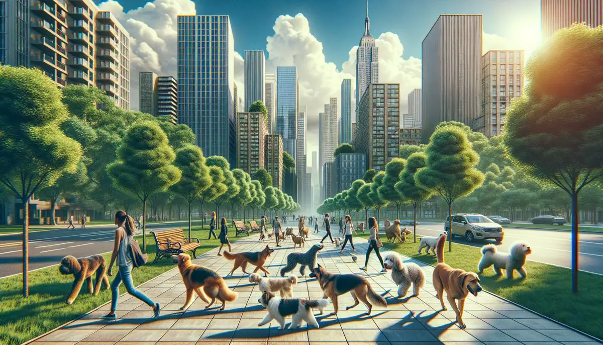 Domestic dogs navigating urban landscapes, showcasing their adaptability to human-dominated environments.