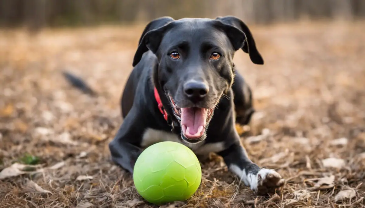 A happy Lab Hound mix dog playing outdoors with a ball