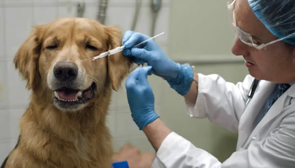 Photo of a dog receiving a rabies vaccine injection from a veterinarian