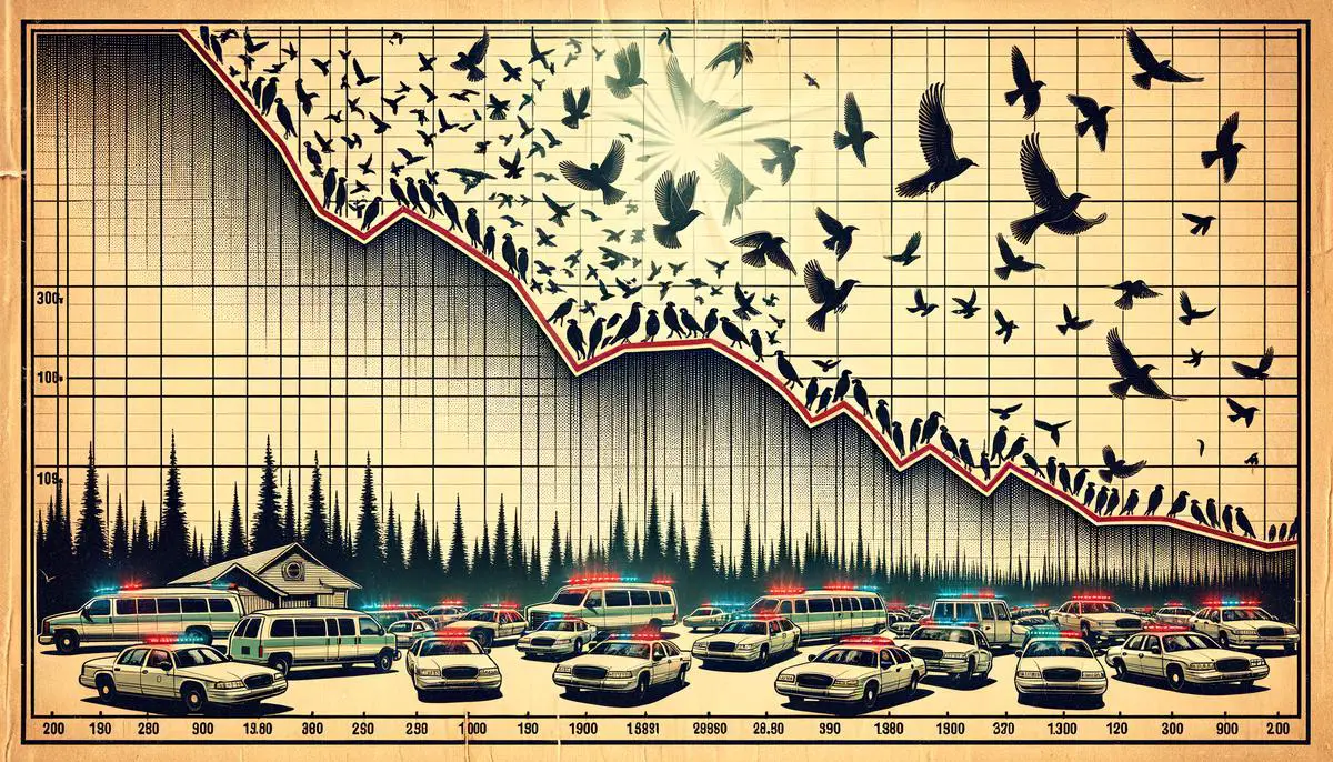 A graph with a line showing a steep decline in bird populations over time, emphasizing the impact of window collisions and other human-caused threats.