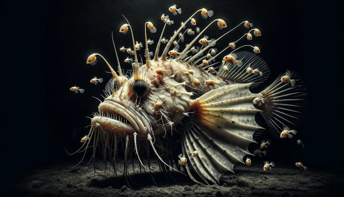A female deep sea anglerfish with multiple tiny male anglerfish fused to her body, showcasing their unique reproductive strategy for success in the harsh deep ocean environment