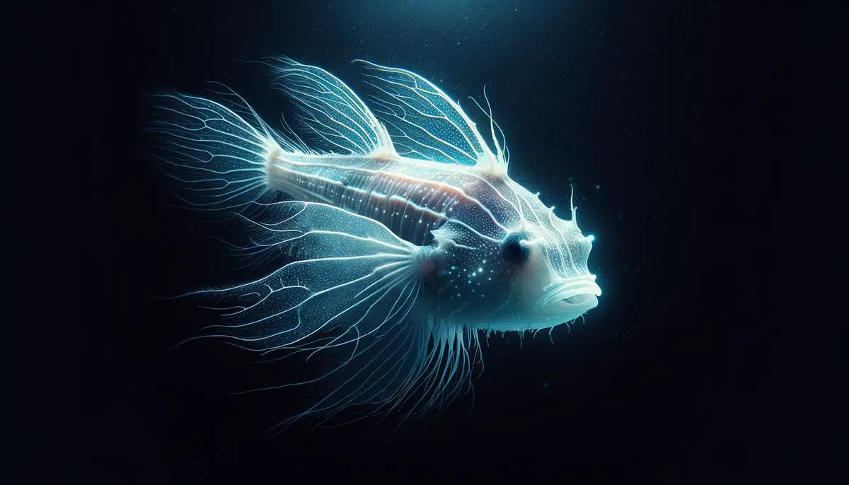 A realistic image of a lanternfish glowing in the dark ocean depths