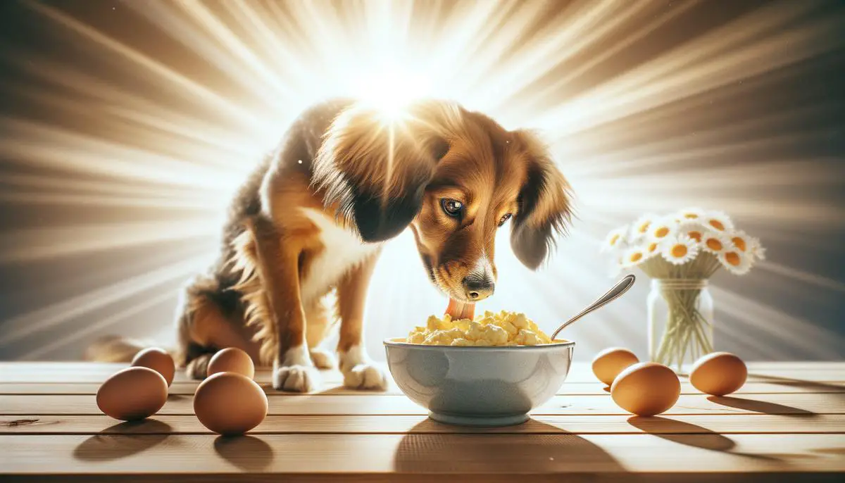 A curious dog sniffing and licking a bowl of plain scrambled eggs