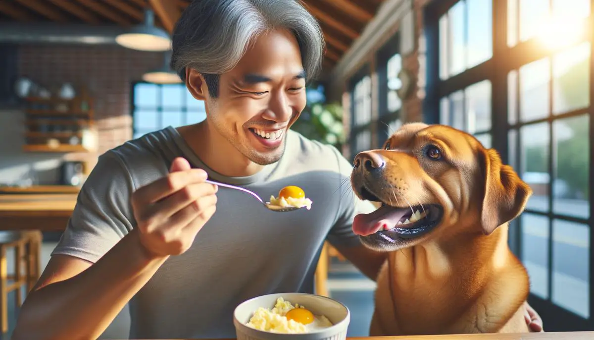 A happy dog being fed plain scrambled eggs by their loving owner