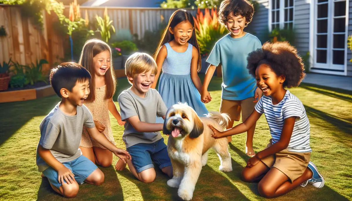 Poogle dog happily playing with young children in a backyard