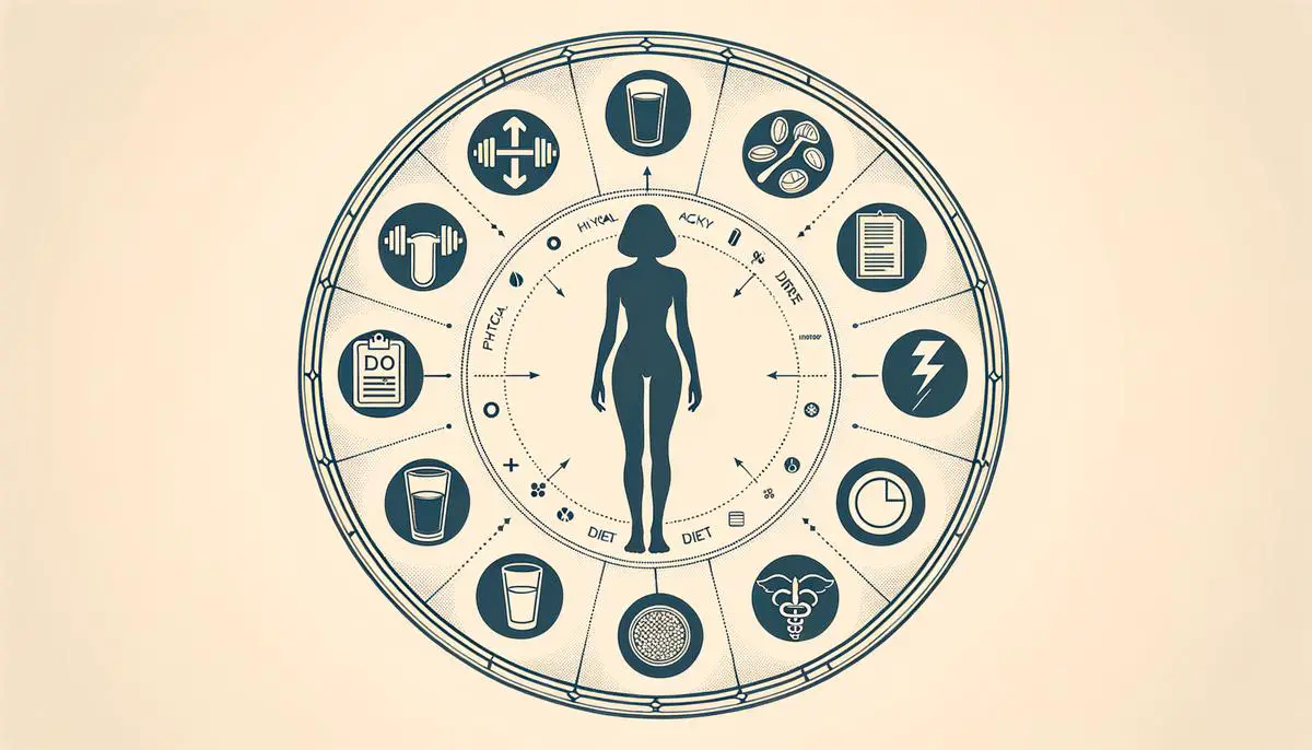 An illustration of a female silhouette with various symbols representing factors that influence women's digestive health, such as hormones, diet, hydration, physical activity, stress, and medications. The symbols are arranged around the silhouette in a circular pattern.