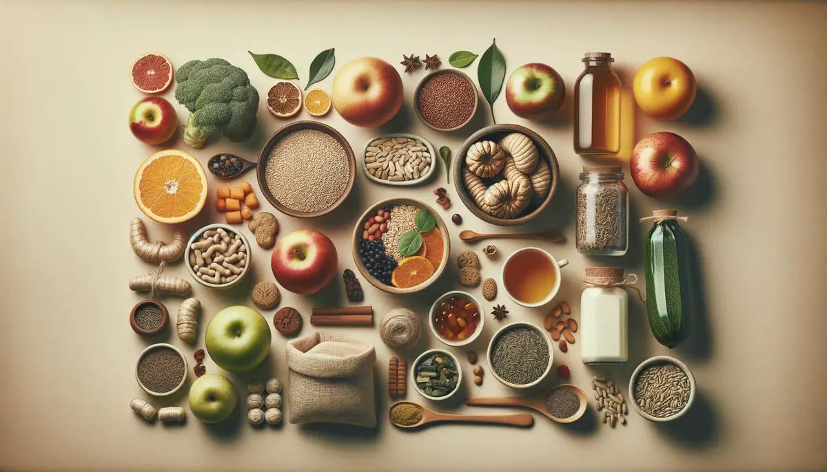 A collection of natural remedies for digestive health, including high-fiber foods like fruits, vegetables, and whole grains, as well as herbal teas and probiotics. The items are arranged in an aesthetically pleasing manner on a neutral background.