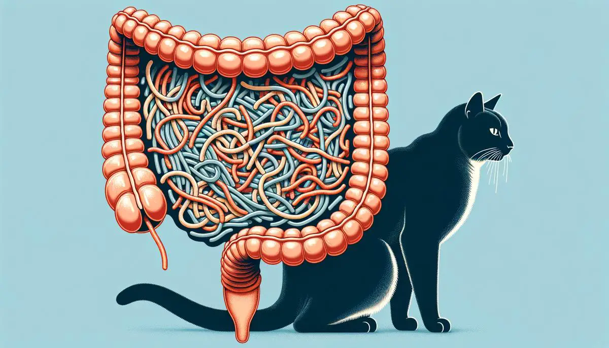 Roundworms that resemble spaghetti in a cat's intestines.