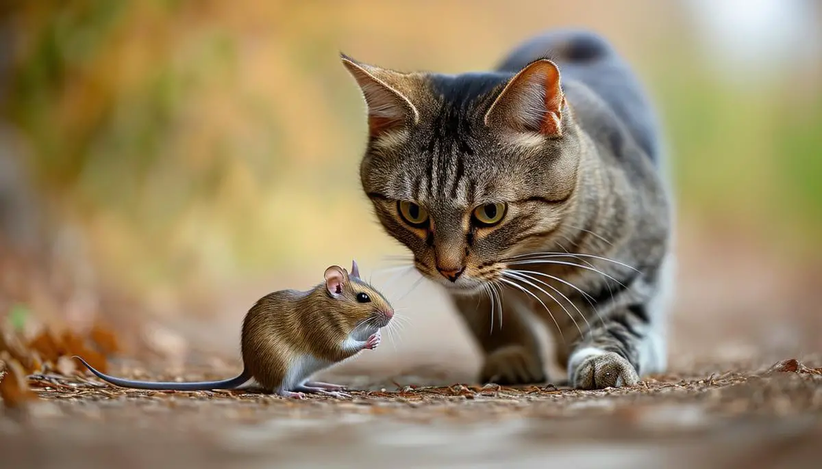 A cat hunting a rodent, which can be a source of worm infection.