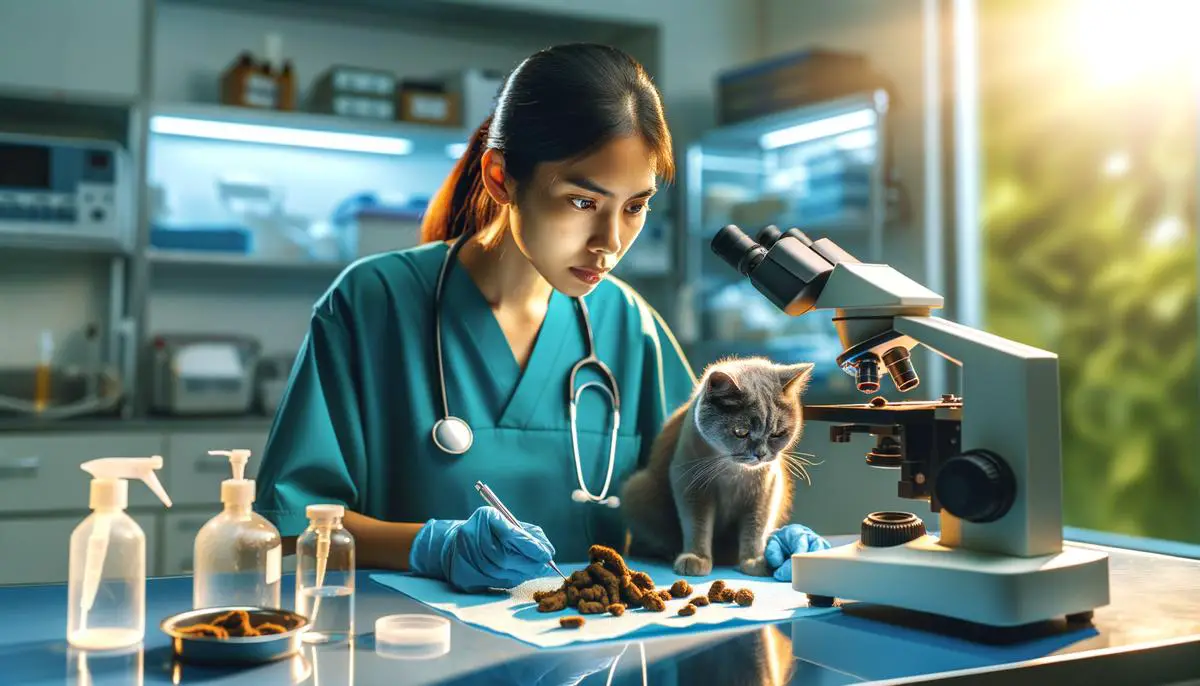 A veterinarian performing a fecal test to diagnose worms in a cat.