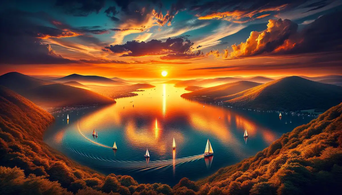 A stunning sunset over Lake Balaton, Hungary's largest lake, with sailboats dotting the tranquil water and the rolling hills of the Balaton Uplands in the background.