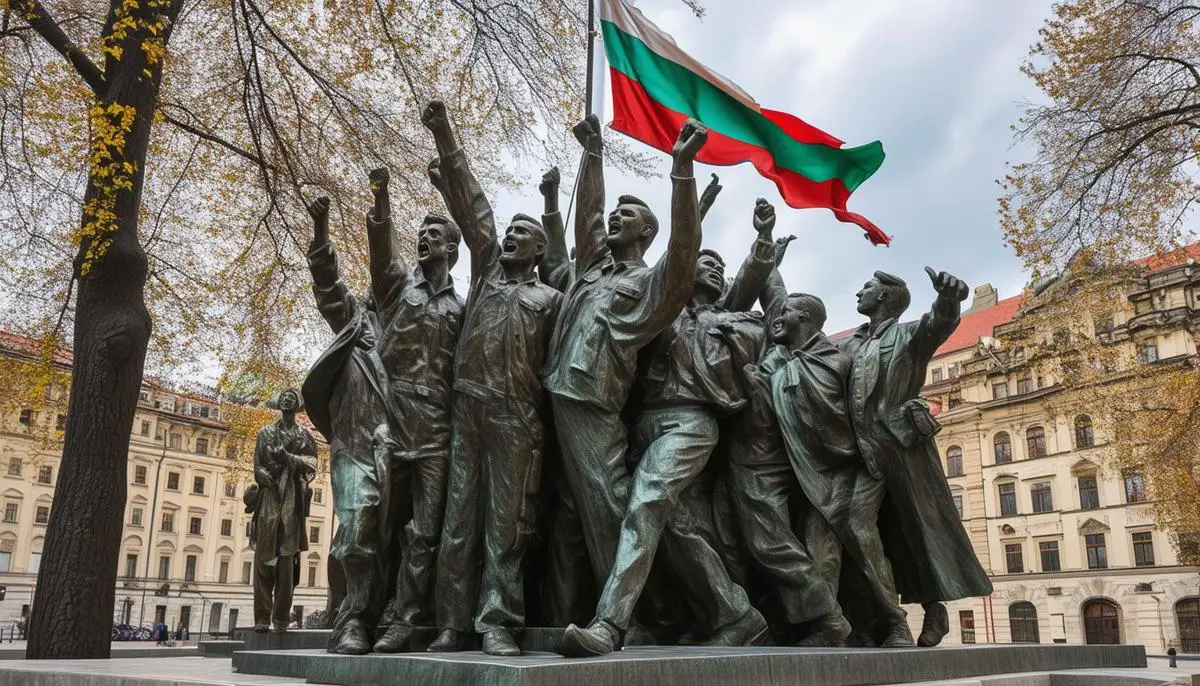 The 1956 Hungarian Revolution Memorial in Budapest, depicting a group of bronze figures rising up in defiance, with the Hungarian flag waving behind them.