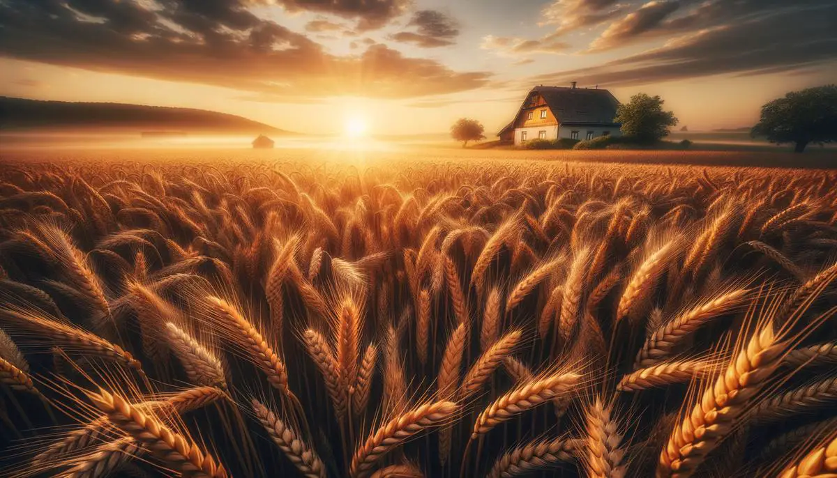 A sprawling wheat field in Hungary at sunrise, with golden stalks gently swaying in the breeze and a farmhouse visible in the distance.