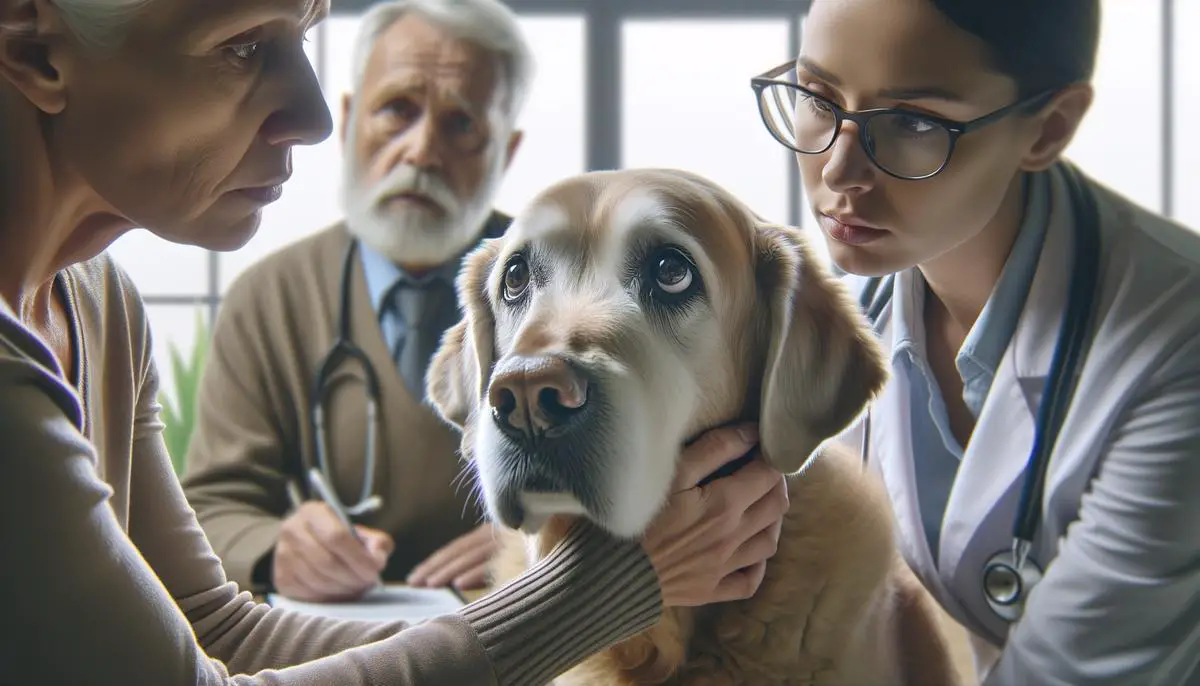 An image of an older dog with a concerned expression, surrounded by a loving pet owner and a veterinarian, discussing the diagnosis and treatment of canine dementia