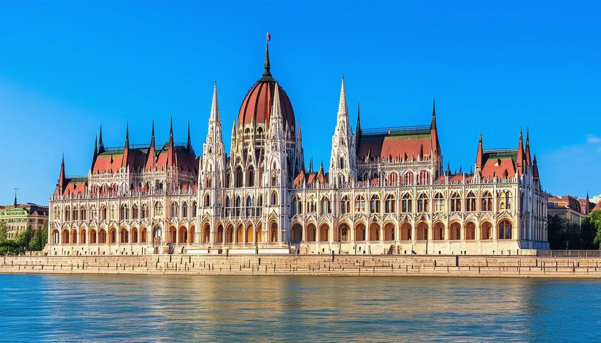 The majestic Hungarian Parliament Building in Budapest, with its striking Gothic Revival architecture and intricate details, set against a clear blue sky.