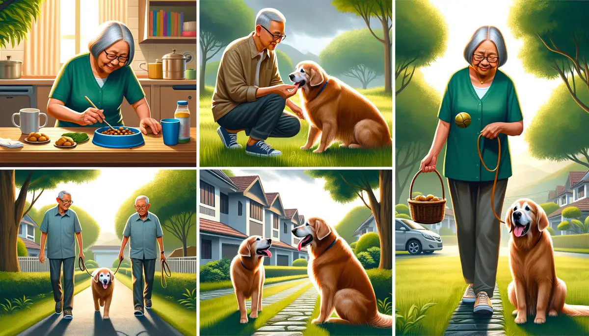 A realistic image of a senior dog with a thoughtful expression, surrounded by their owner engaging in various activities like feeding, playing, and going for a walk