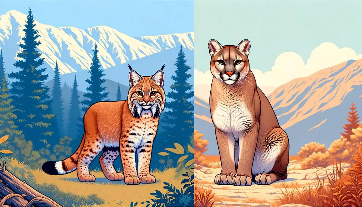 A realistic image comparing a bobcat and a mountain lion in their natural habitats