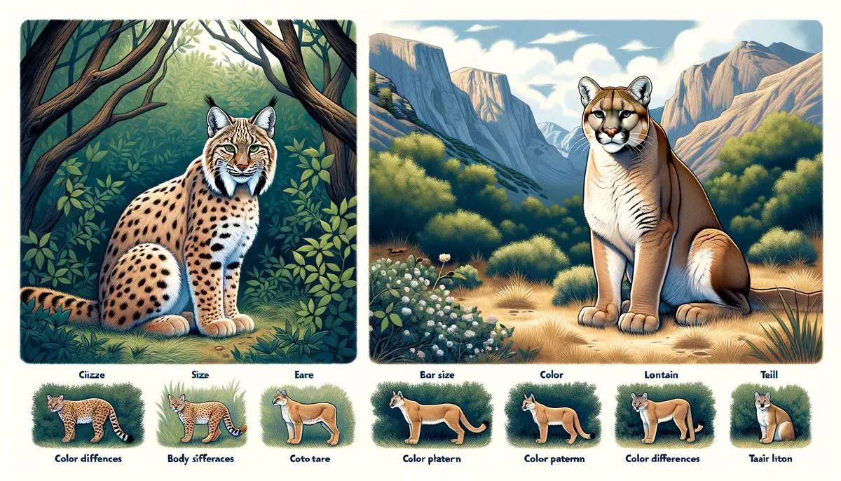 A realistic image showing a comparison between a bobcat and a mountain lion in a natural setting