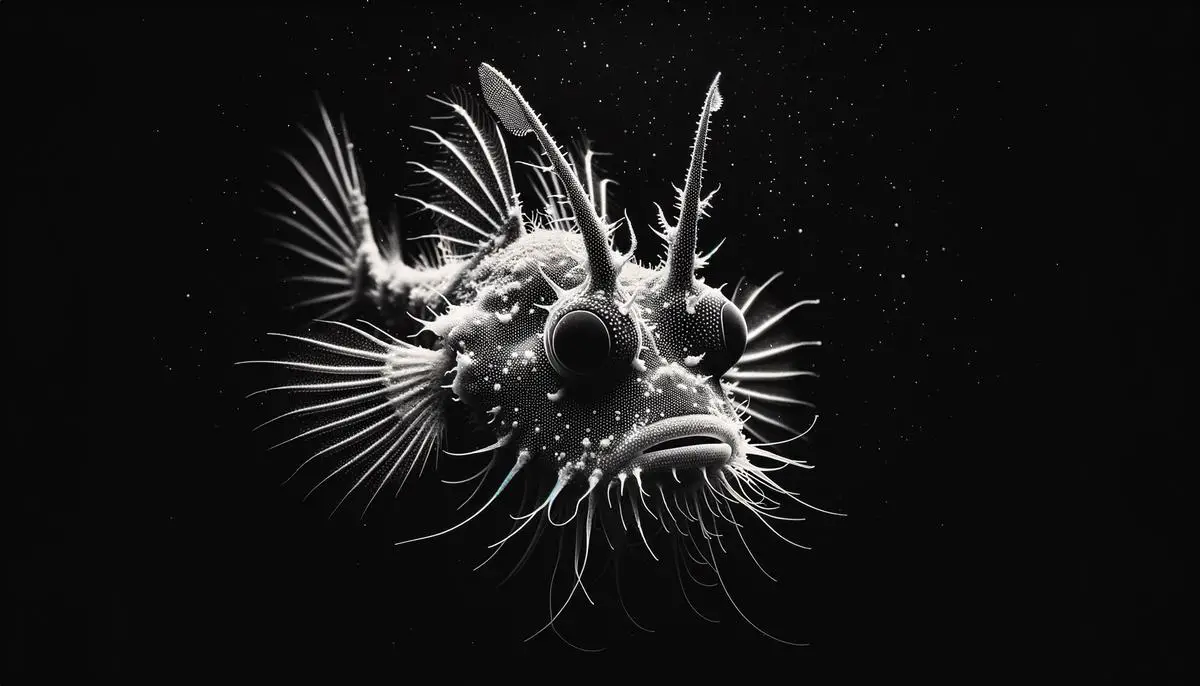 A close-up view of a tiny male anglerfish searching for a female in the deep sea