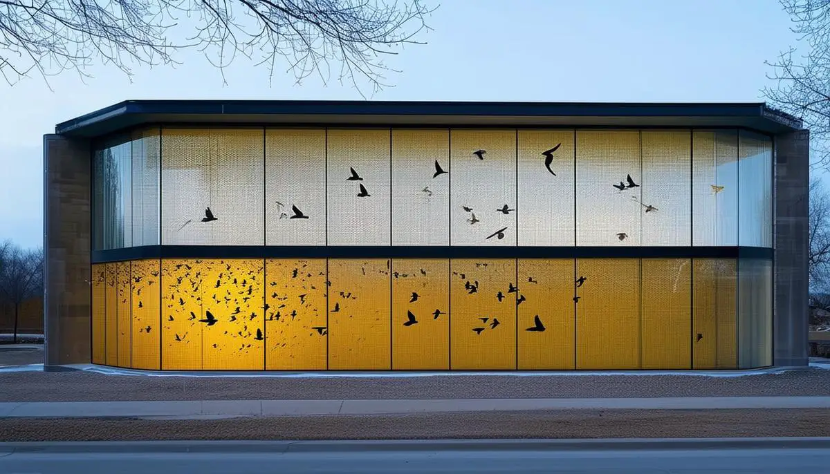 Exterior view of a modern building with bird-safe glass windows that have a subtle pattern visible to birds but not distracting to humans.